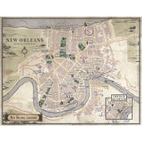 An antique-style illustrated map of New Orleans, Louisiana, showing streets, landmarks, parks, and labeled sections including the French Quarter. The map has a vintage parchment background with muted pink, beige, green, and gray details.