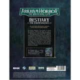Back cover of 'Arkham Horror: The Roleplaying Game Bestiary - The Thompson Files' with text and logos.
