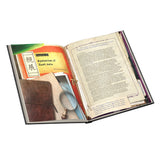 Open book with text and images on a white background