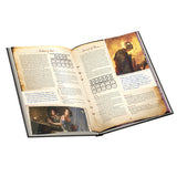 Open book with fantasy-themed illustrations and text on a white background