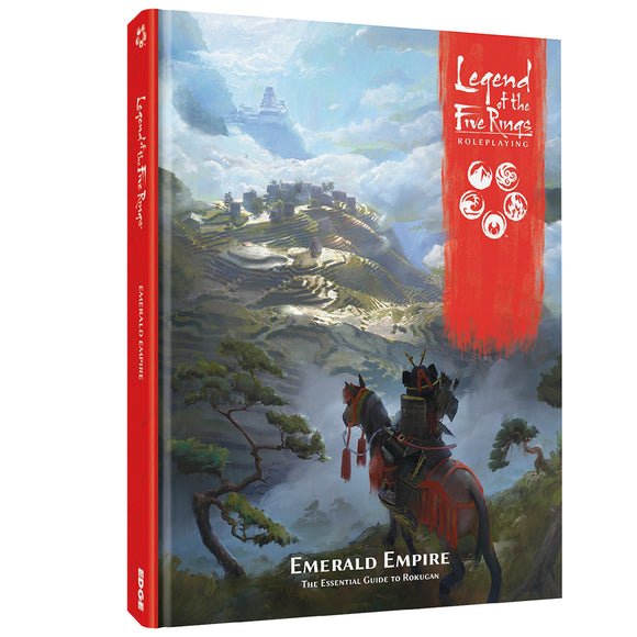 Book cover of 'Emerald Empire' from 'Legend of the Five Rings' with a mountainous landscape and rider on horseback.