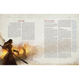 Book page with warrior illustration and text on a desert battlefield background