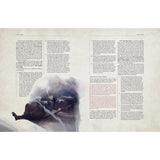 Book page with text and a silhouette of a person lying on the ground.