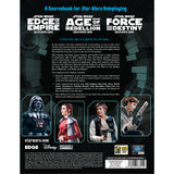 The back cover of the Star Wars Roleplaying sourcebook 'Edge of Empire, Age of Rebellion, and Force and Destiny' by Star Wars: The Official Game Line, featuring Darth Vader, Princess Leia, Yoda, and Luke Skywalker on a dark sci-fi themed background.