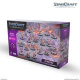 StarCraft tabletop miniatures game box with Zergling figures on a white background