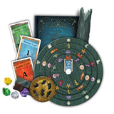 Board game components including a large circular board, cards, and decorative elements on a white background.