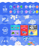 Product line chart with various slime and related items on a blue background