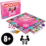Barbie Monopoly game set with board, pieces, and packaging on a white background