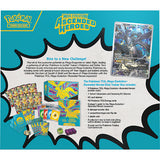 Pokémon TCG Mega Evolution Ascended Heroes packaging with cards and text on a blue background