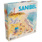 Board game box titled 'Sanibel' by Elizabeth Hargrave with a beach scene illustration on the cover.