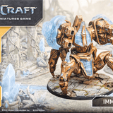A painted tabletop miniature from the Craft Miniatures Game, featuring a gold armored robotic creature with translucent icy blue accents and a cracked stone base, shown against a blurred fantasy ruins background with the Craft logo visible.