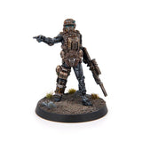 Miniature figure of a futuristic soldier on a white background