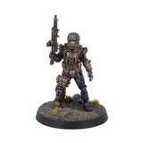 Toy figure of a soldier in tactical gear with a rifle on a white background