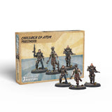 Box of 'Children of Atom Priesthood' miniatures with four figures displayed in front.