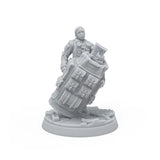 Unpainted miniature figure with a large weapon on a white background