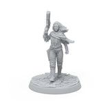 Unpainted miniature figurine of a warrior on a white background