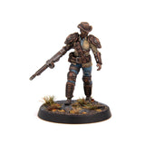 A painted tabletop miniature figurine of a futuristic cowboy soldier standing on a round textured base against a plain white background.