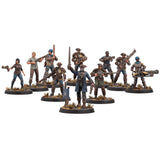 A set of painted tabletop miniature figures arranged on round bases against a plain white background. The figures are dressed in varied historical and sci-fi style outfits, holding different weapons, and are shown as a grouped product display.