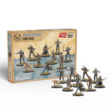 Boxed set of miniatures from the 'Fallout' series with figures and dogs on a white background
