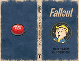 Cover of 'Fallout Tiny Tarot Guidebook' with a red button and character illustration on a blue background.