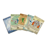 Set of illustrated game cards with character illustrations on a white background