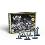 Fallout miniatures game set with figures and 'Railroad Core Box' packaging on a white background
