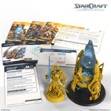 StarCraft tabletop miniatures game set with models, cards, and instructions on a white background.
