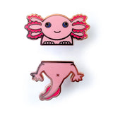 Pink axolotl enamel pin on a white background