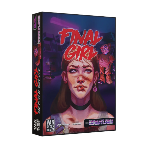 Board game box titled 'Final Girl' with a character illustration on a purple background