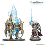 Two ornate figurines with glowing blue accents on a white background, featuring the StarCraft logo.