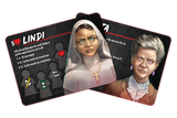 Card game cards featuring illustrations of a nun and an elderly woman on a white background