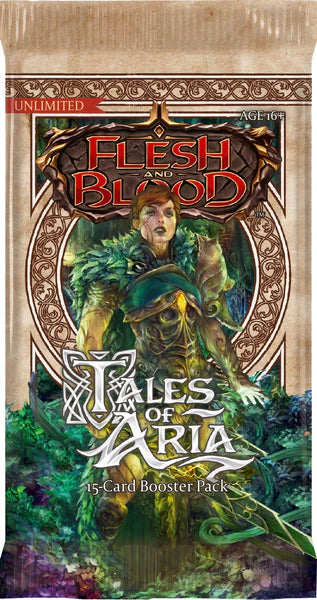 Card booster pack for 'Flesh and Blood: Tales of Aria' with fantasy design and character illustration.