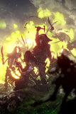 Skeletal warrior with glowing eyes amidst a dark, forest-like background