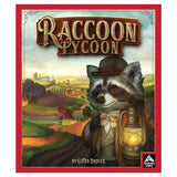 Board game box for 'Raccoon Tycoon' with a raccoon character holding a lantern and a scenic background.