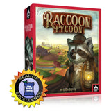 Board game box for 'Raccoon Tycoon' with a raccoon character holding a lantern on a white background.