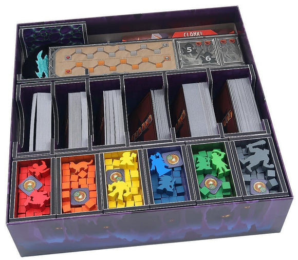 Board game component organizer with compartments for various game pieces.