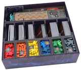 Board game component organizer with compartments for various game pieces.