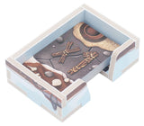 Decorative box with nature-themed design featuring stones, shells, and a moon phase.