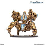 A painted StarCraft tabletop miniature of a quadrupedal robotic war machine, shown from the front on a black base against a white background. The logo for StarCraft is visible in the top right corner.