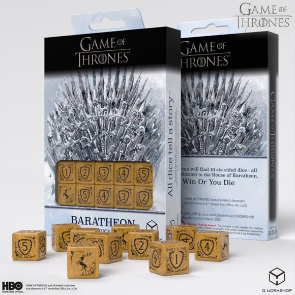 Game of Thrones dice set with packaging on a white background