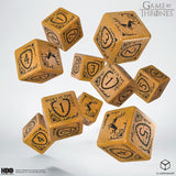 Wooden dice with Game of Thrones branding on a white background