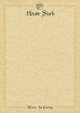 A square decorative print or card with a textured beige parchment-like background, a thin ornate border, the words 'House Stark' at the top with a small emblem above it, and 'Winter Is Coming' at the bottom.