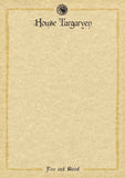A square beige parchment-style card or print with a thin double border, the words 'House Targaryen' at the top under a small black dragon emblem, and 'Fire and Blood' at the bottom.