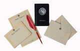 Stationery set with 'House Targaryen' theme including a notebook, cards, and an envelope on a white background.