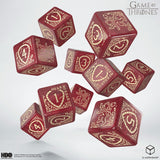 Red dice set with gold embossed designs on a white background, featuring 'Game of Thrones' branding.