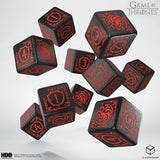 Game of Thrones dice set with red and black designs on a white background