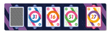 Five card-like symbols with numbers and colorful designs on a dark blue background