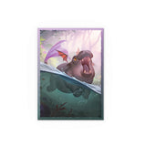 Illustration of a hippo underwater with fish, framed by a purple border.