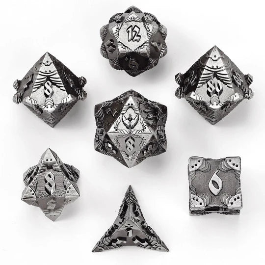 Hymgho Dice: Paladin Solid Metal Polyhedral Dice Set - Ancient Silver - 7D