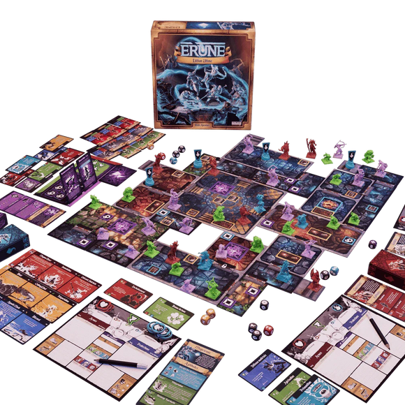 Erune board game set with pieces and cards on a white background